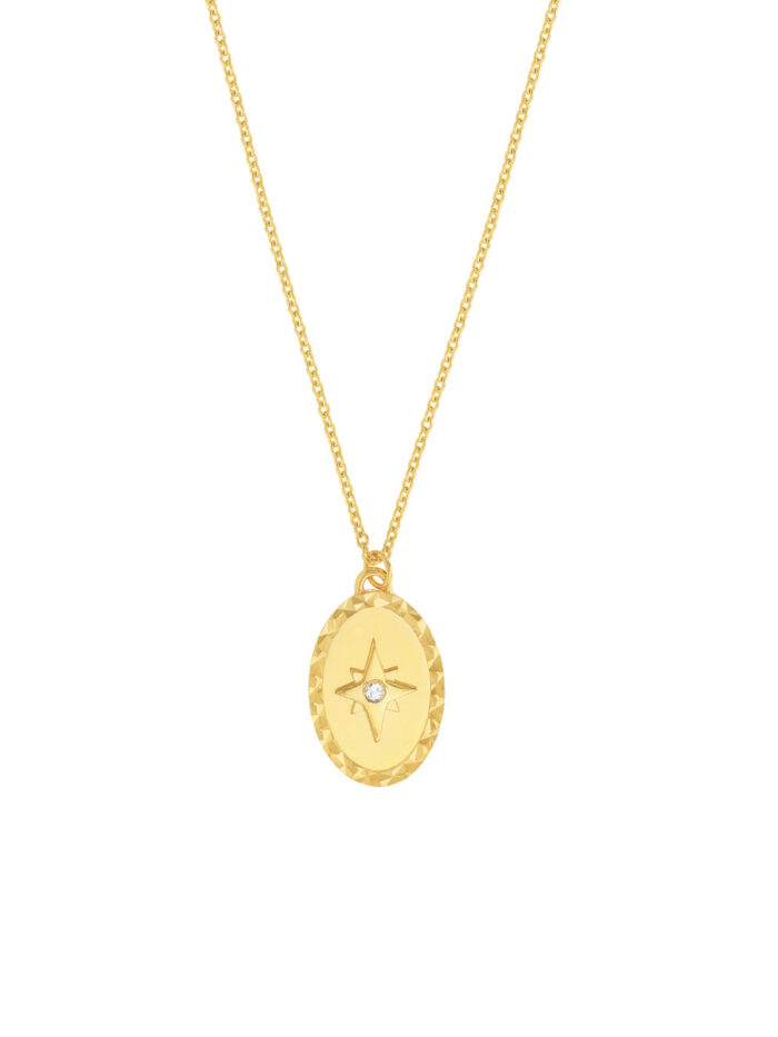 North Star Medallion Diamond Necklace - 14K Yellow Gold - Adjustable 20 Inches - by Dazyle