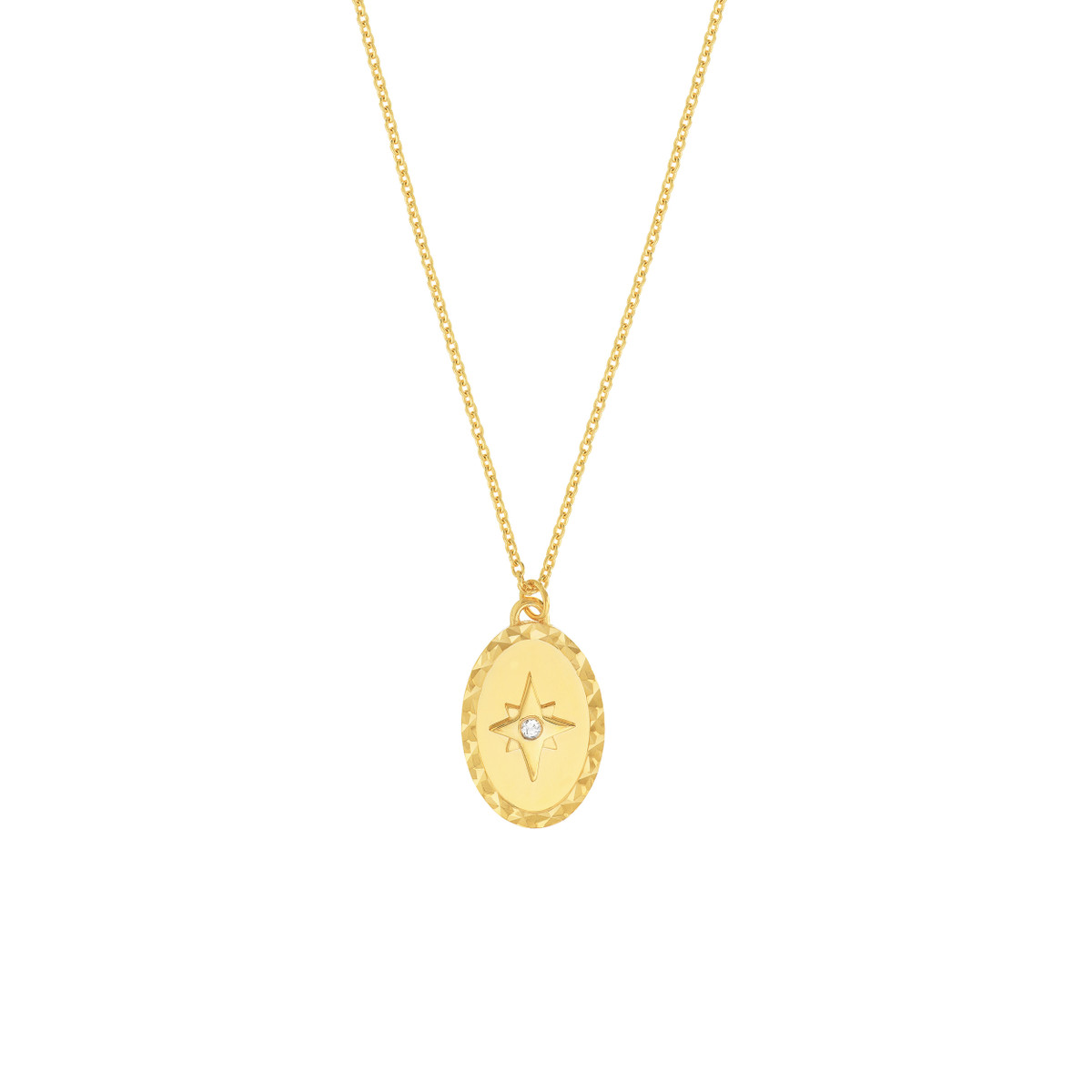 North Star Medallion Diamond Necklace - 14K Yellow Gold - Adjustable 20 Inches - by Dazyle