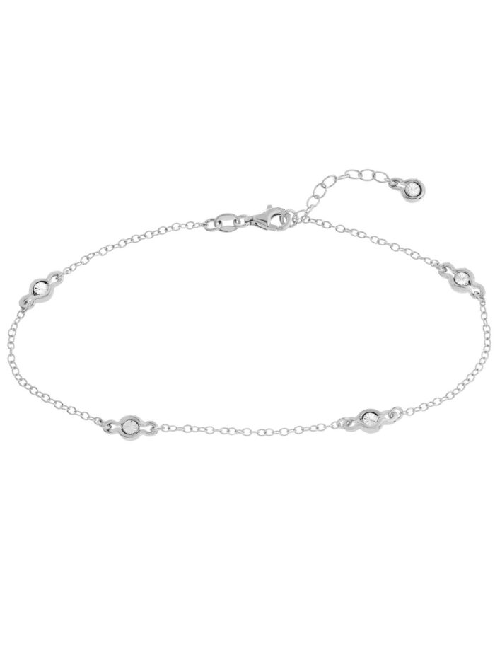 Sterling Silver Diamond Illusion Stations Anklet - Adjustable 9 to 10 inches - by Dazyle