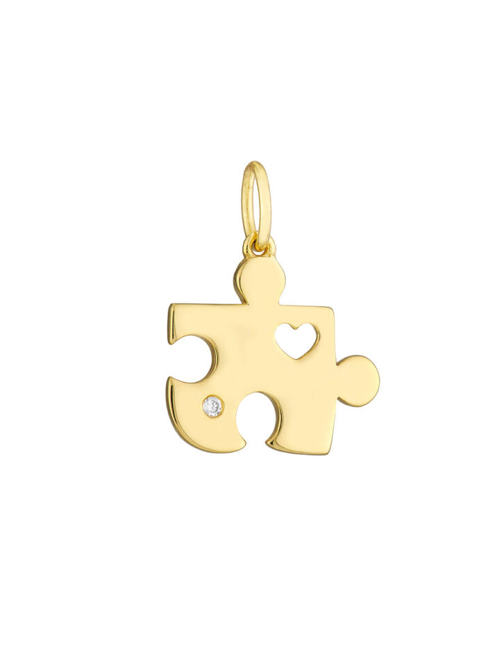 Puzzle Piece Heart Charm with Diamond - 14K Yellow Gold - by Dazyle
