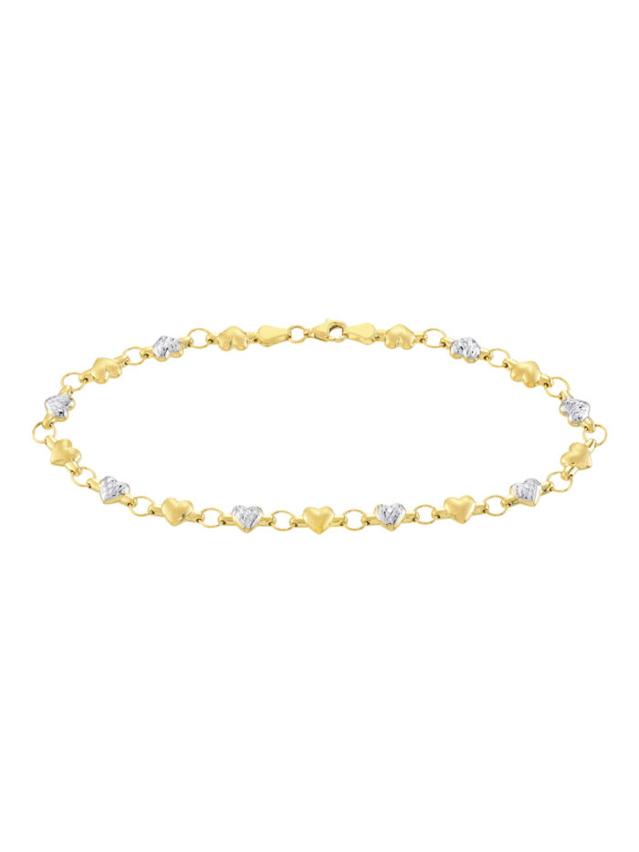 Two-Tone Stampato D/C and Satin Hearts Anklet - 14K Yellow & White Gold - 10 Inch - by Dazyle