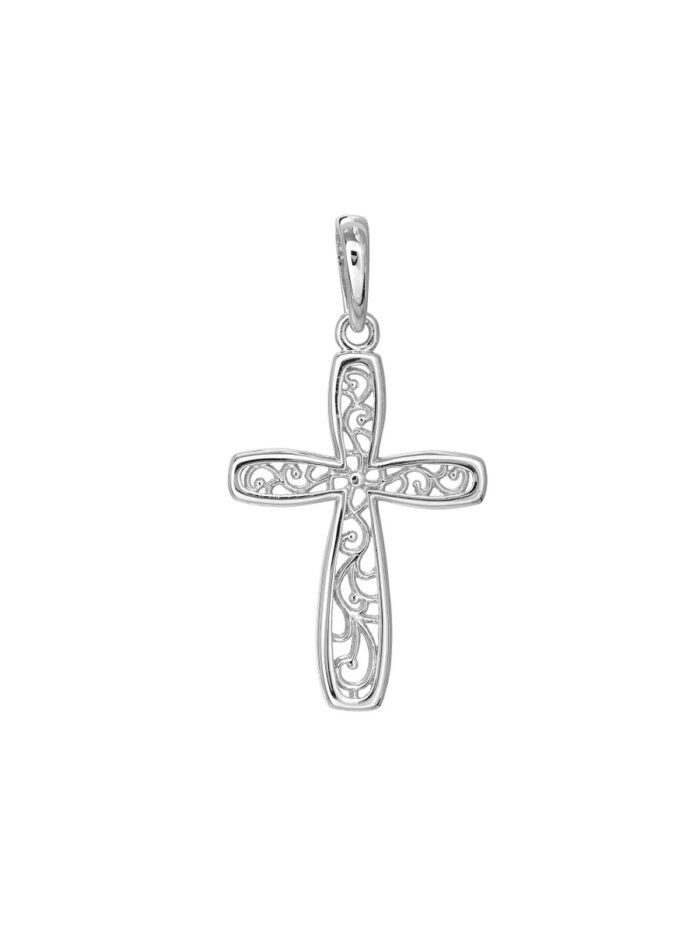 Framed Vine Cross Pendant in 14K White Gold - Bail Closure - by Dazyle