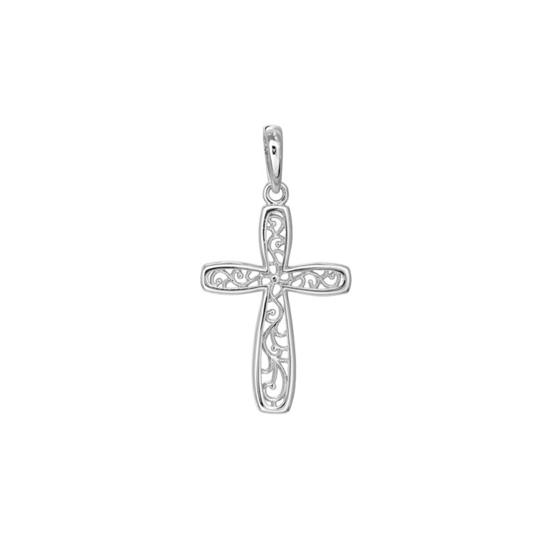 Framed Vine Cross Pendant in 14K White Gold - Bail Closure - by Dazyle