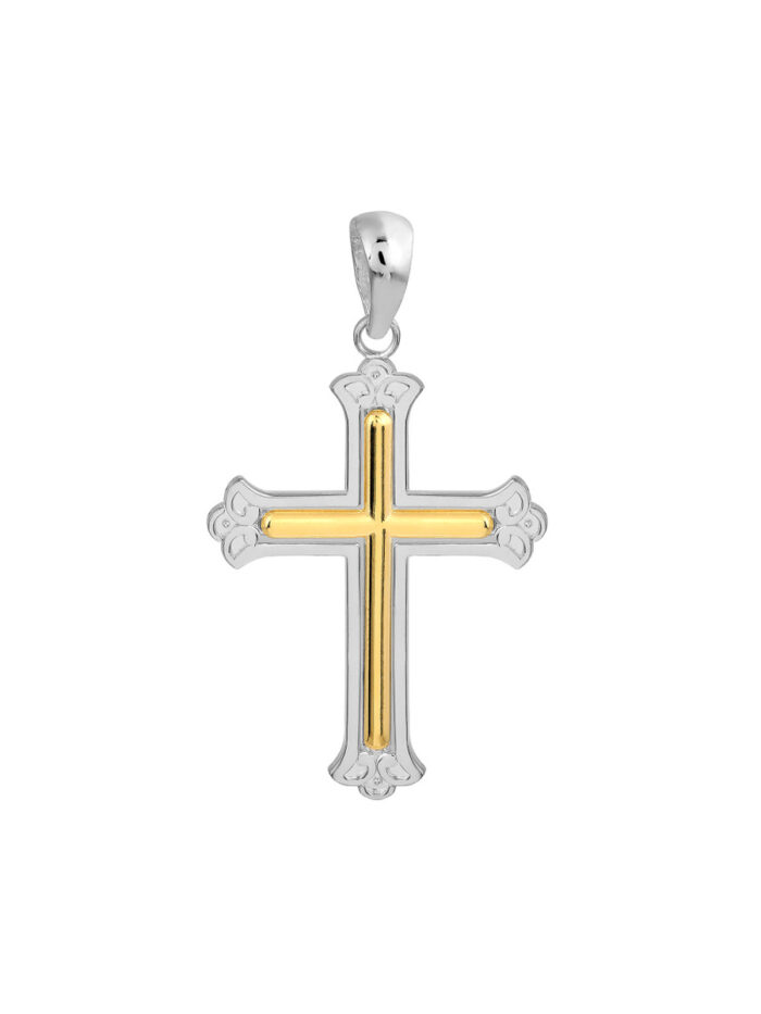 Fleur De Lis Cross Pendant - Sterling Silver With Yellow Gold - by Dazyle