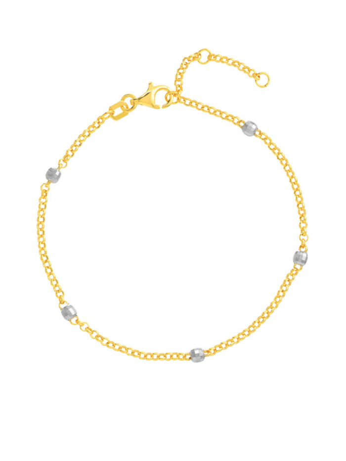 Two-Tone Disco Bead Rolo Chain Bracelet - 14K Yellow & White Gold 7.25-inch Adjustable - by Dazyle