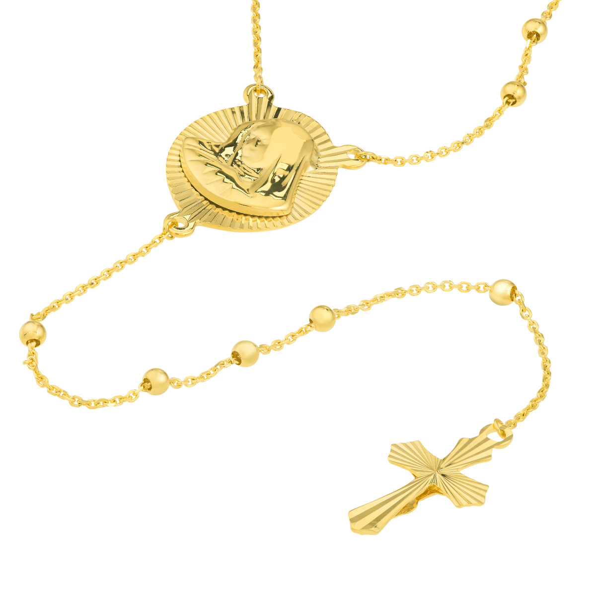 14K Yellow Gold Virgin Mary and Cross Rosary Necklace - 23.5 Inches - by Dazyle - Image 3