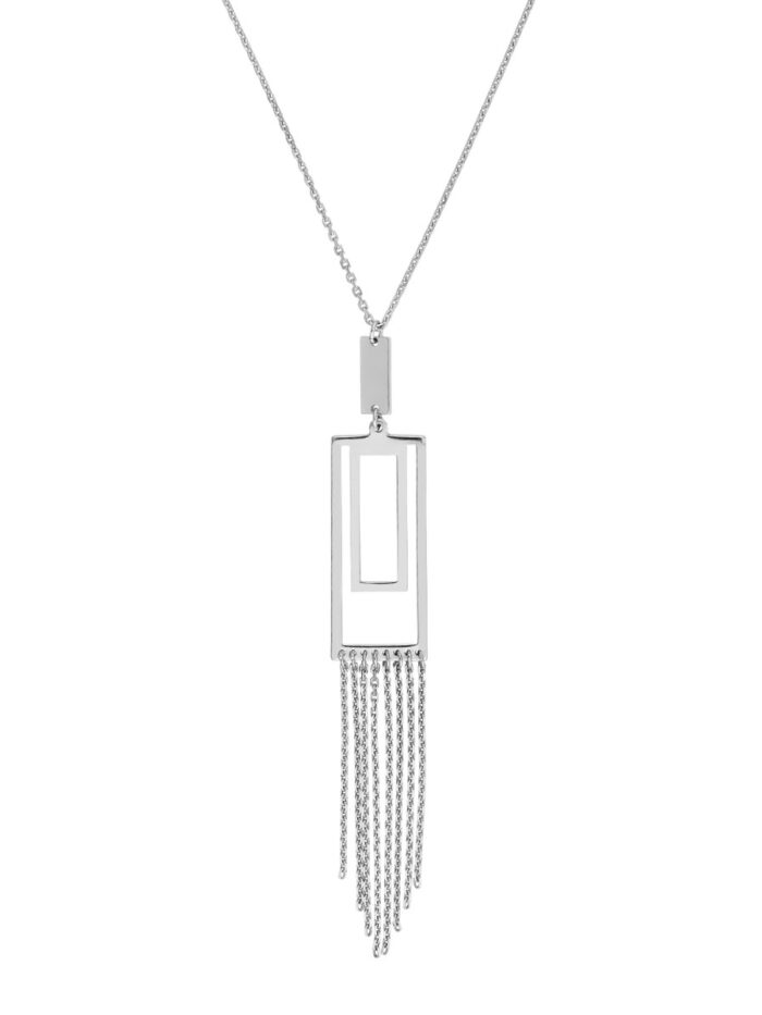 Sterling Silver Double Rectangle Necklace with Cable Chain Fringe - Adjustable 18 Inches - by Dazyle