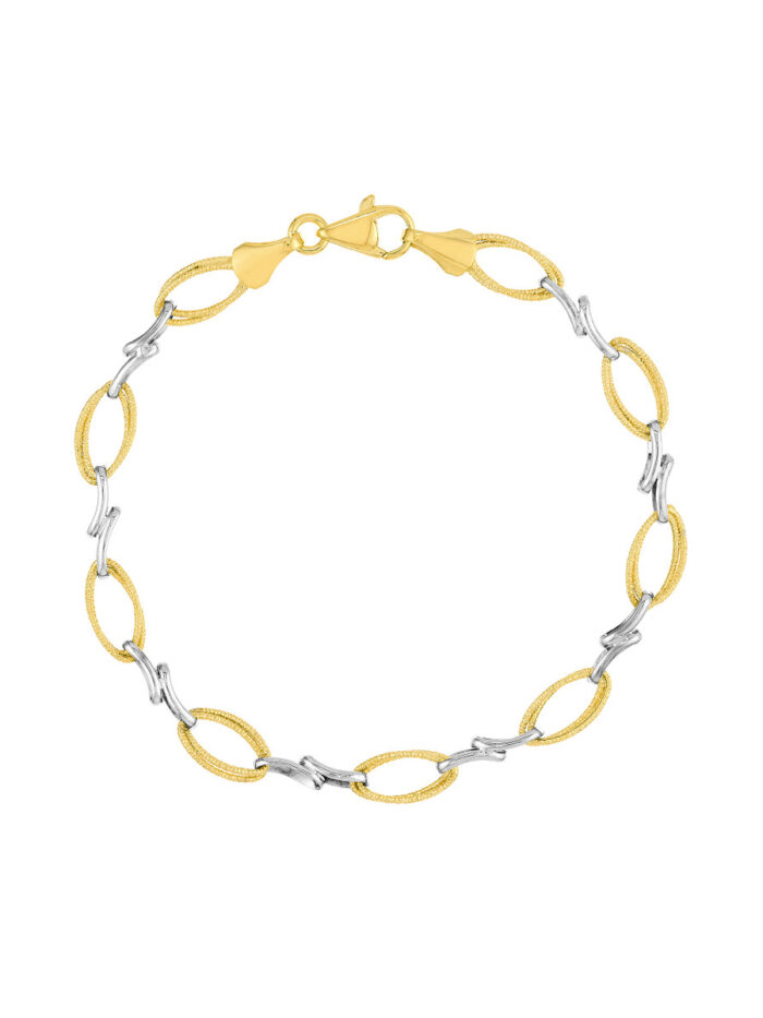 Two-Tone Textured Double Oval & X Bracelet - 14K Yellow & White Gold - 7.25 Inch - by Dazyle