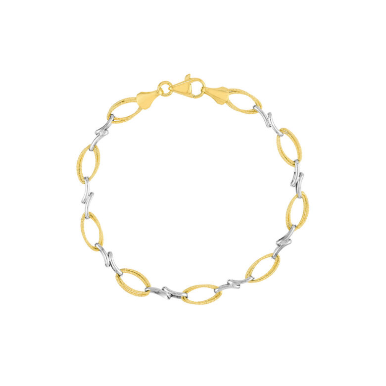 Two-Tone Textured Double Oval & X Bracelet - 14K Yellow & White Gold - 7.25 Inch - by Dazyle