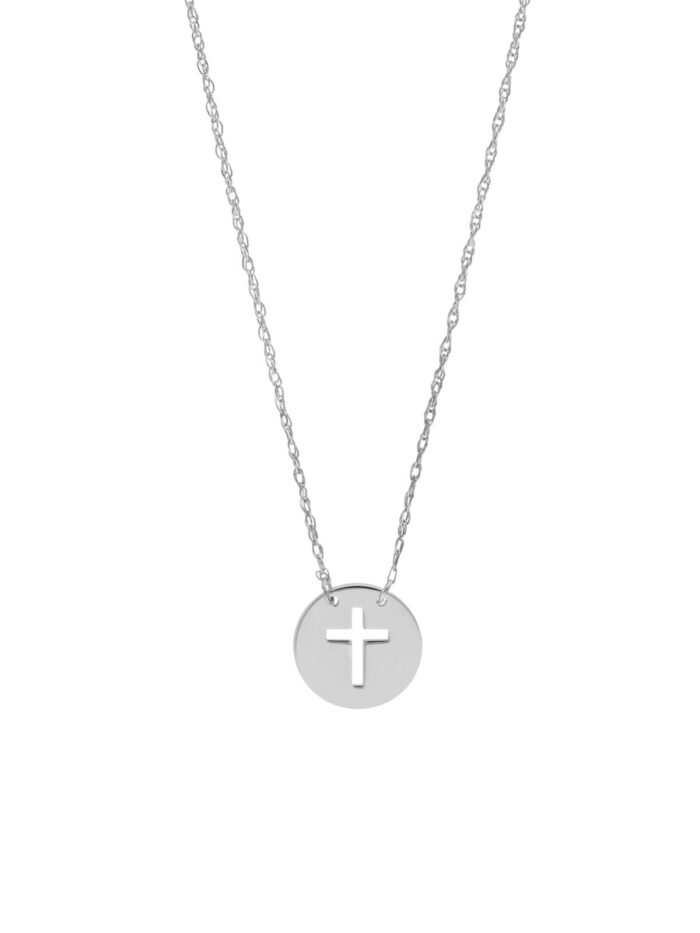 14K White Gold Cross Cutout Disc Adjustable Necklace - 14K White Gold - Adjustable Length - by Dazyle