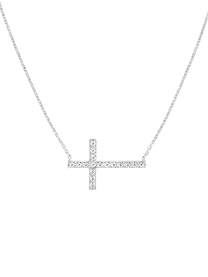 Sideways Cross Necklace with 1/5tcw Diamond - 14K White Gold Adjustable - by Dazyle