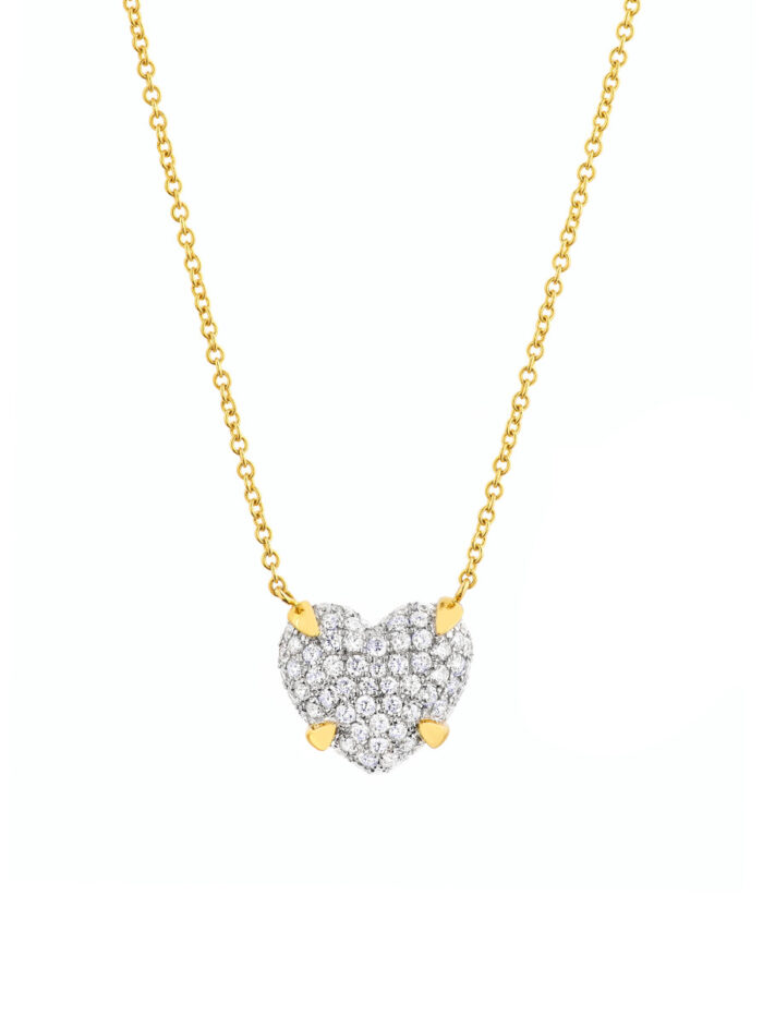 Diamond Pave Heart Pendant Necklace - 14K Yellow & White Gold 18 Inch - by Dazyle