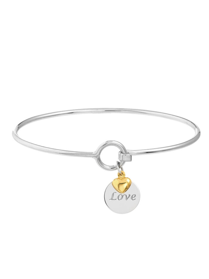 Sterling Silver Love Bangle with 14K Gold Heart Dangle - Sterling Silver With Yellow Gold - by Dazyle