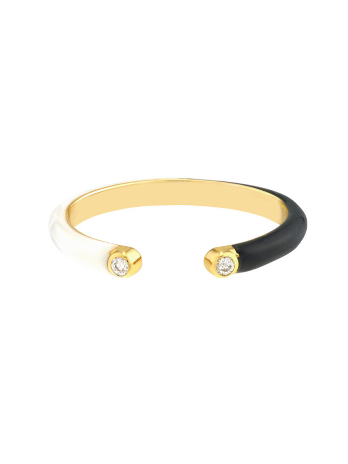 Diamond Cuff Ring with 1/2 White 1/2 Black Enamel - 14K Yellow Gold - by Dazyle