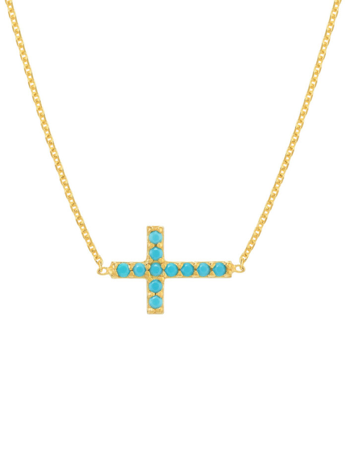 Simulated Turquoise Sideways Cross Necklace - 14K Yellow Gold Adjustable Cable Chain - 18 Inch - by Dazyle