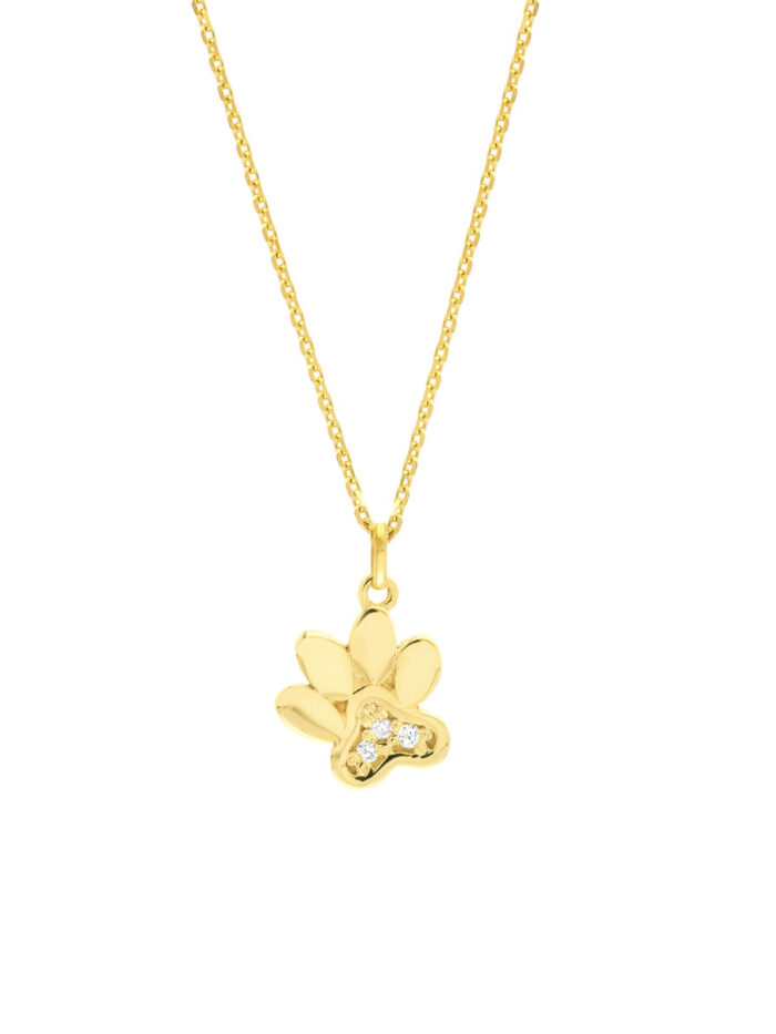Paw Print Necklace with 3pt Diamond - 14K Yellow Gold - Adjustable - by Dazyle