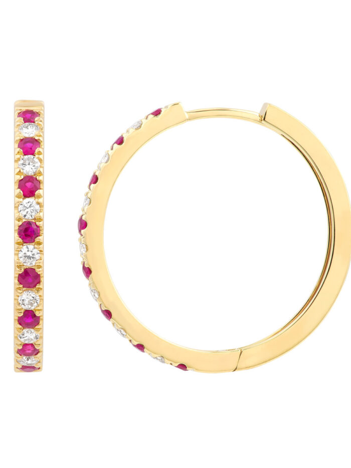 Ruby & Diamond Hoop Earrings (3/8tcw) - 14K Yellow Gold - 25mm - by Dazyle