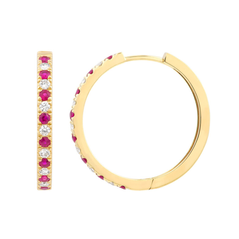 Ruby & Diamond Hoop Earrings (3/8tcw) - 14K Yellow Gold - 25mm - by Dazyle
