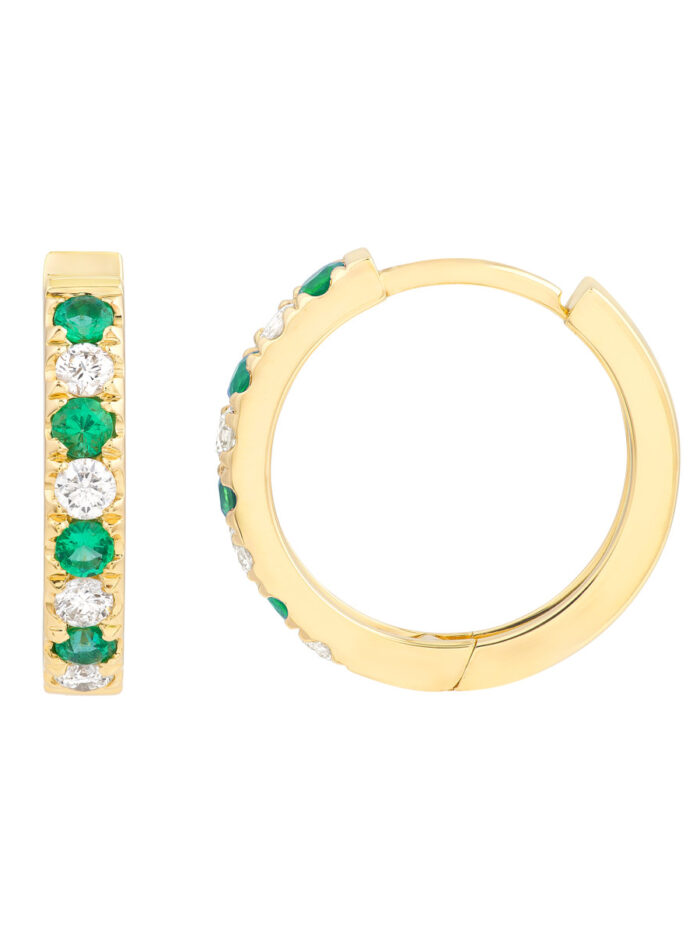 Emerald & Diamond Accent 15mm Huggie Earrings - 14K Yellow Gold - by Dazyle
