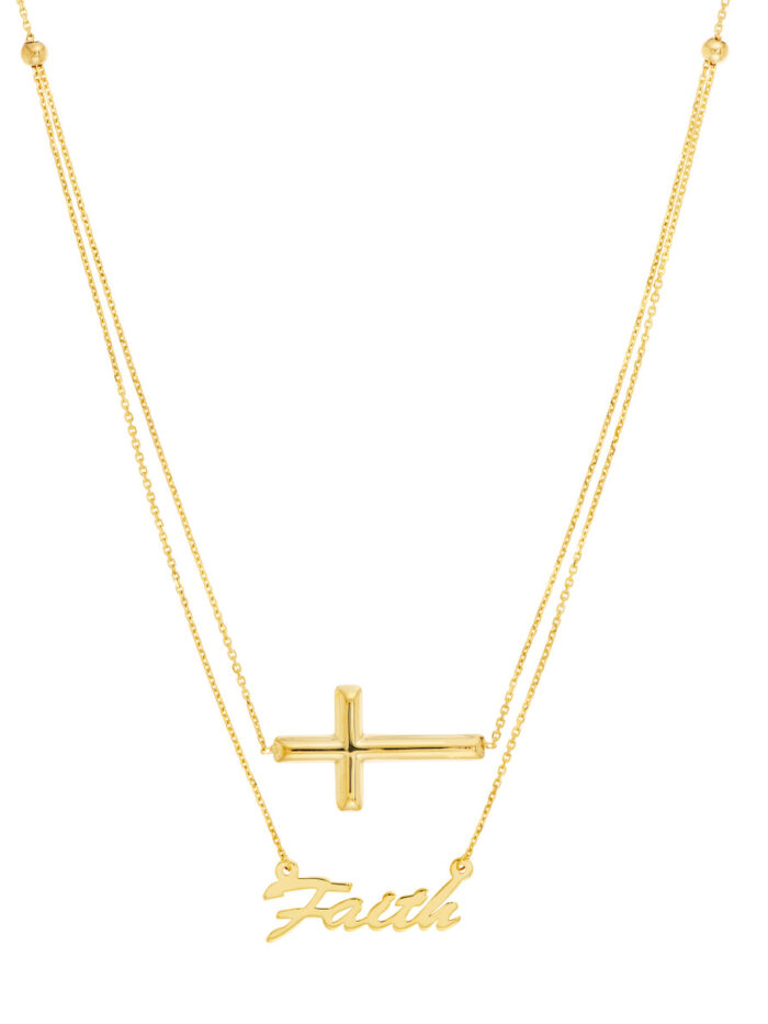 Cross and Faith Layered Duo Adjustable Necklace - 14K Yellow Gold Cable Chain - 18 Inch - by Dazyle