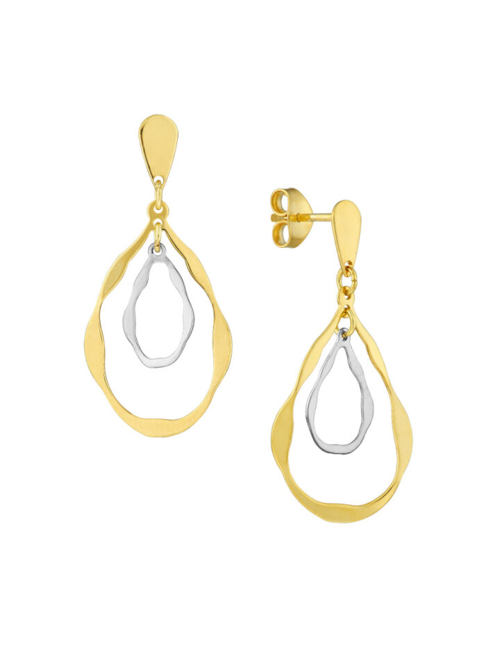 14K Yellow & White Gold Stamped Double Teardrop Dangle Earrings - Post & Nut Closure - by Dazyle
