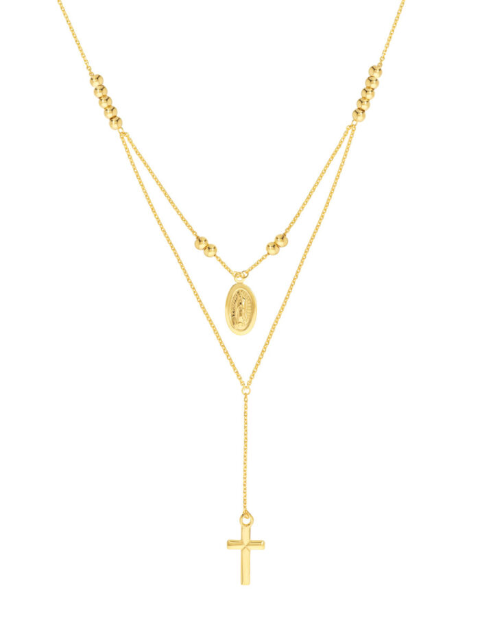 Virgin Mary and Cross Duo Necklace - 14K Yellow Gold - 18 Inches - by Dazyle