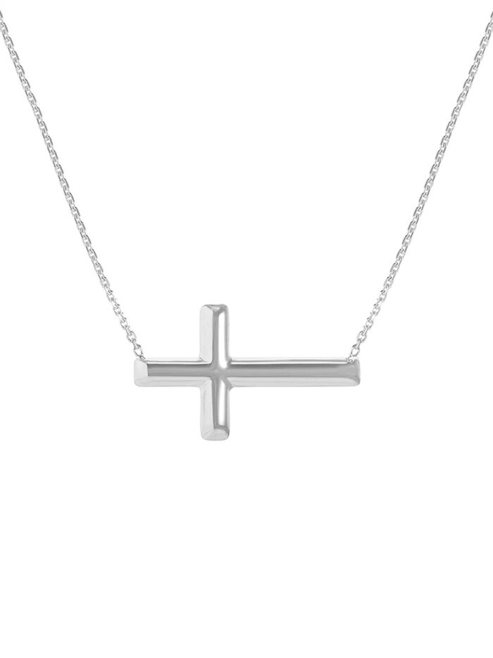 14K White Gold Small Sideways Cross Necklace - Cable Chain - Adjustable 16-18 Inches - by Dazyle