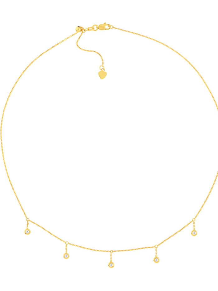Diamond Bezel Drop Adjustable Choker Necklace - 14K Yellow Gold, 17 Inch - by Dazyle