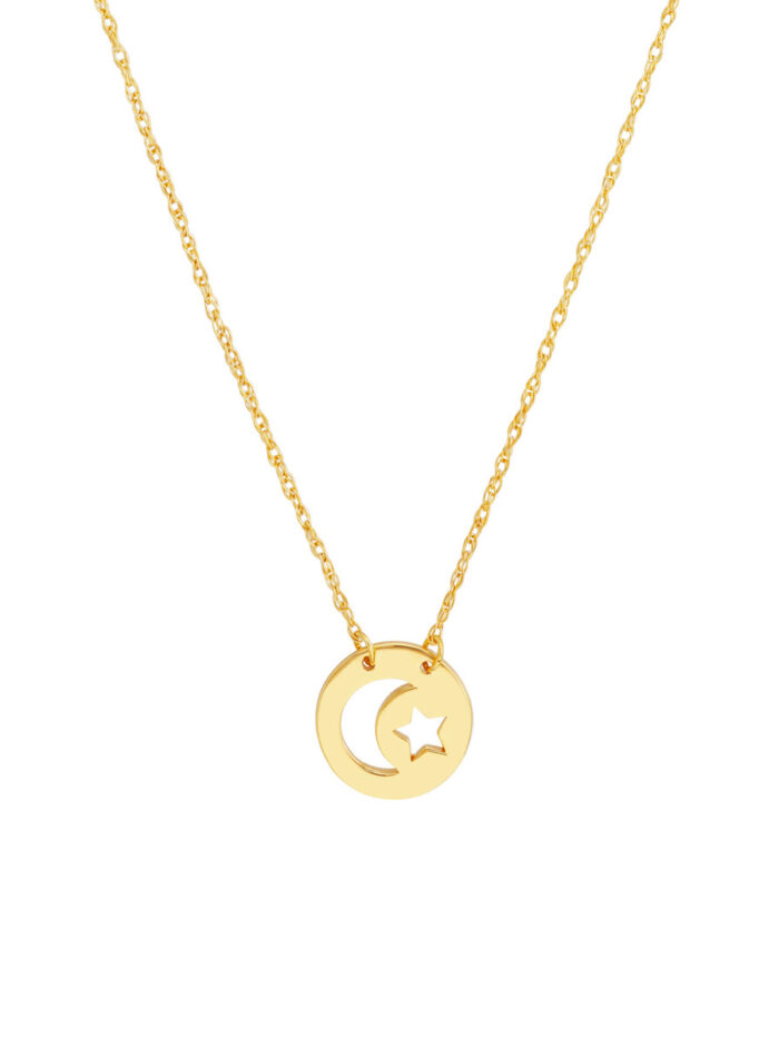 14K Yellow Gold Moon and Star Mini Disc Adjustable Necklace - 18 Inches - by Dazyle