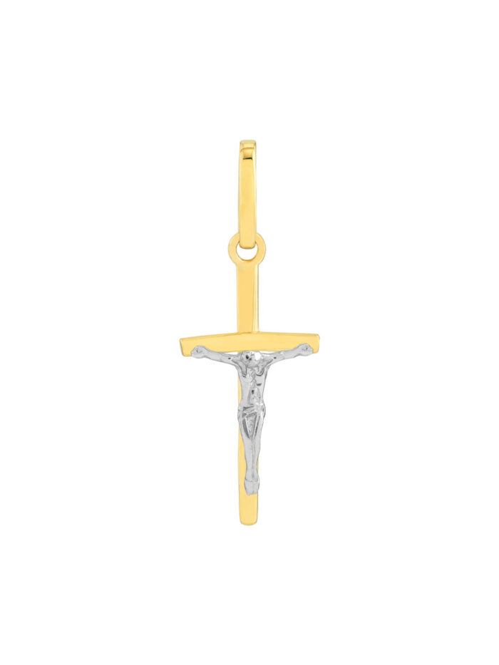 Two Tone Cross with Crucifix Pendant - 14K Yellow & White Gold - by Dazyle