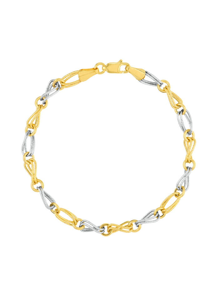 Two-Tone Textured Wavy Oval and Circle Bracelet - 14K Yellow & White Gold - 7.25 inches - by Dazyle