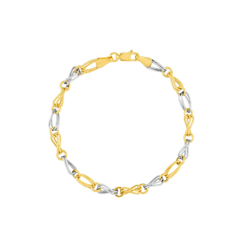 Two-Tone Textured Wavy Oval and Circle Bracelet - 14K Yellow & White Gold - 7.25 inches - by Dazyle