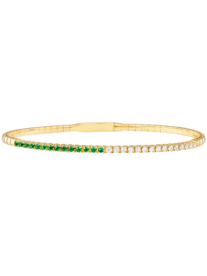 Diamond & Emerald Flexi Tennis Bangle - 14K Yellow Gold - 7.0 Inches - by Dazyle