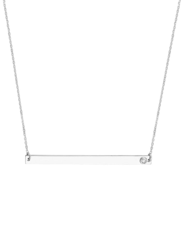 Thin Bar Necklace with Diamond Accent - 14K White Gold - 18 Inch Adjustable - by Dazyle