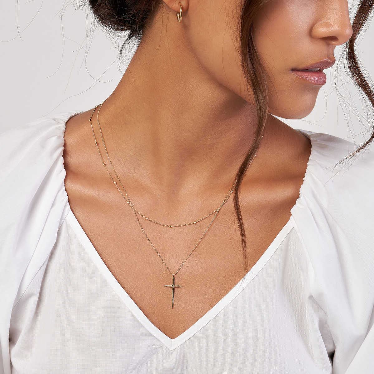 1ct Diamond Cross Duo Necklace in 14K Yellow Gold - Adjustable Cable Chain - 18 inches - by Dazyle - Image 2