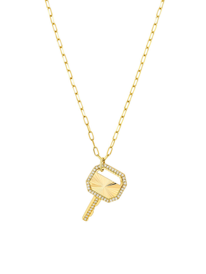 Fluted Diamond Frame Key Pendant - 14K Yellow Gold - Paperclip Chain - by Dazyle