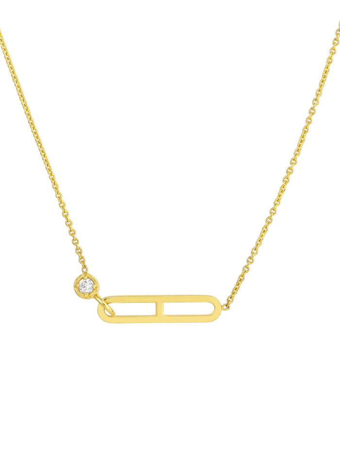 Diamond Solitaire Paperclip Element Necklace - 14K Yellow Gold - Adjustable 18 inches - by Dazyle