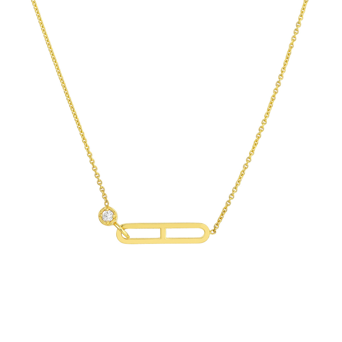 Diamond Solitaire Paperclip Element Necklace - 14K Yellow Gold - Adjustable 18 inches - by Dazyle