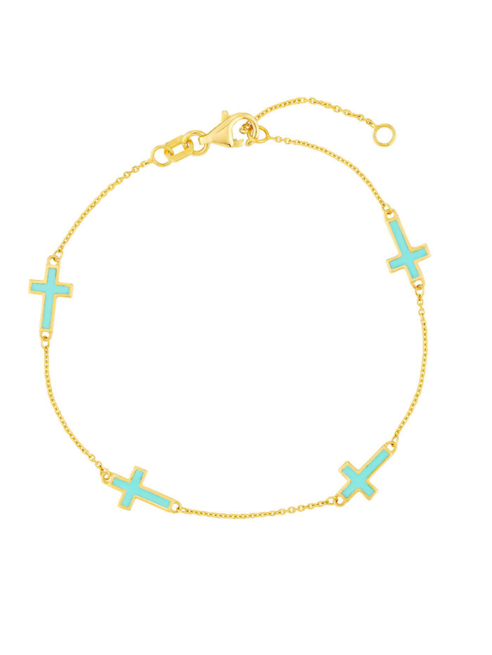 Turquoise Enamel Crosses Station Bracelet - 14K Yellow Gold - Adjustable 7.5 Inch - by Dazyle
