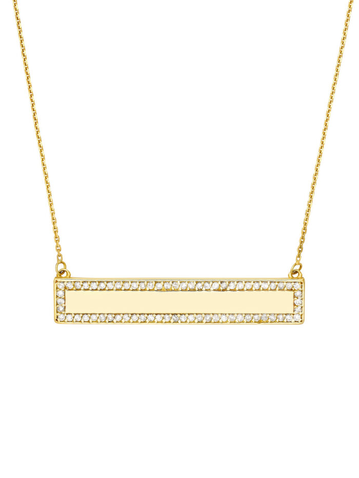 Engraved Bar Necklace with 1/3tcw Diamond Border - 14K Yellow Gold - Adjustable - by Dazyle