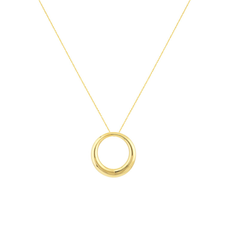 Tapered Puffy Circle Pendant Necklace - 14K Yellow Gold - 17 Inches - by Dazyle