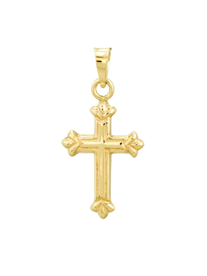 14K Yellow Gold 3D Fleur Detailed Cross Pendant - Bail Closure - by Dazyle