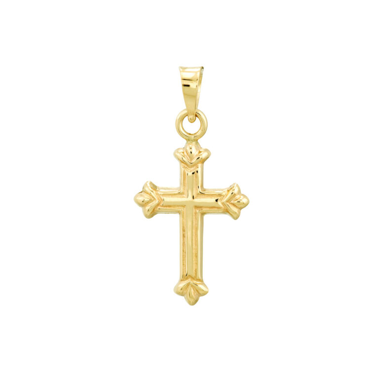 14K Yellow Gold 3D Fleur Detailed Cross Pendant - Bail Closure - by Dazyle