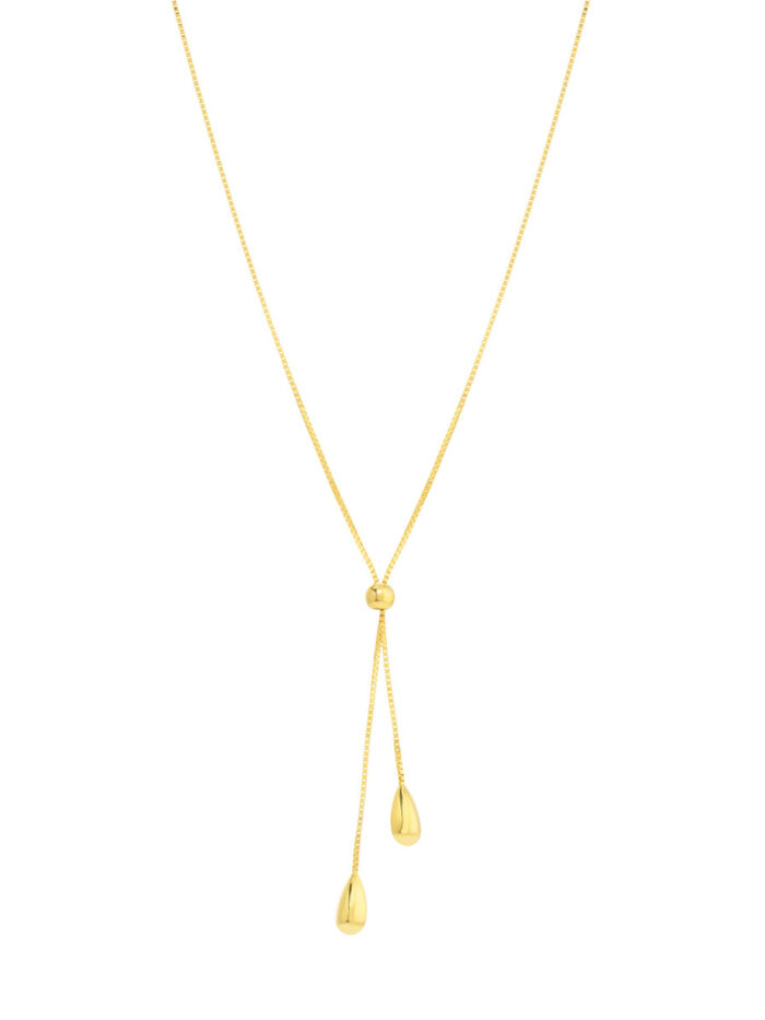 Double Teardrop Lariat Necklace - 14K Yellow Gold - 17 Inch - by Dazyle