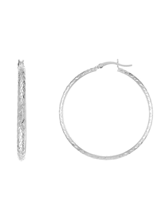 Diamond-Cut Hoop Earrings - 3mm x 40mm - 10K White Gold - Hinge Closure - by Dazyle