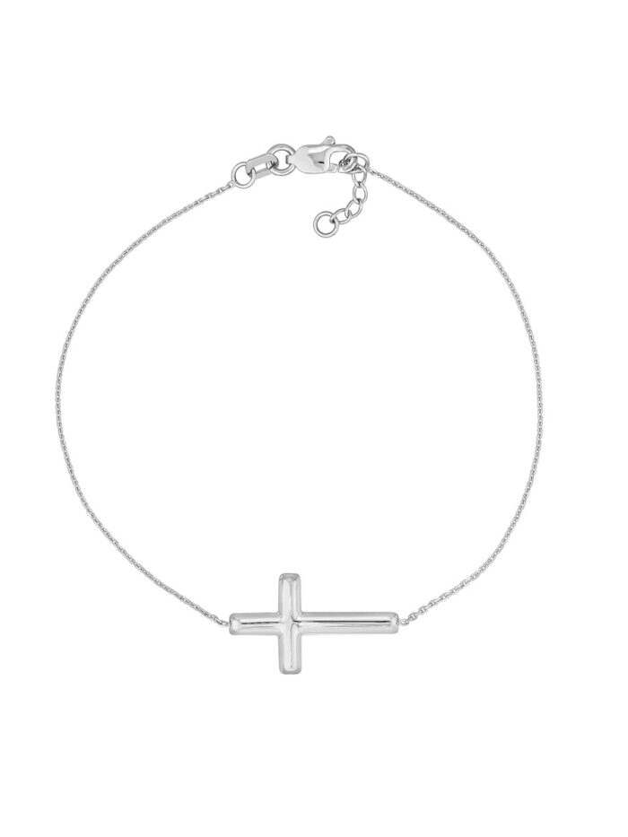 14K White Gold Sideways Cross Bracelet - Cable Chain - Adjustable 7.5 Inches - by Dazyle