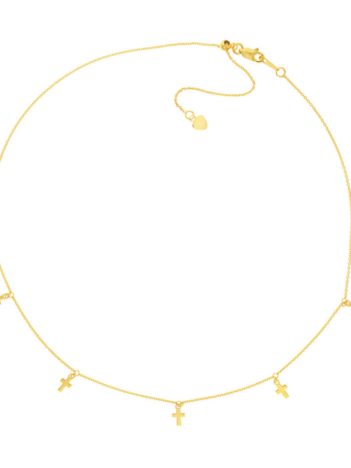 Cross Dangles Adjustable Choker in 14K Yellow Gold - Box Chain - 16 inches - by Dazyle