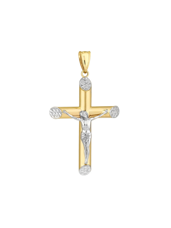 Two-Tone Cross Slanted Diamond Cut Edges 14K White & Yellow Gold Unique Crucifix Pendant - 14K Yellow & White Gold - by Dazyle