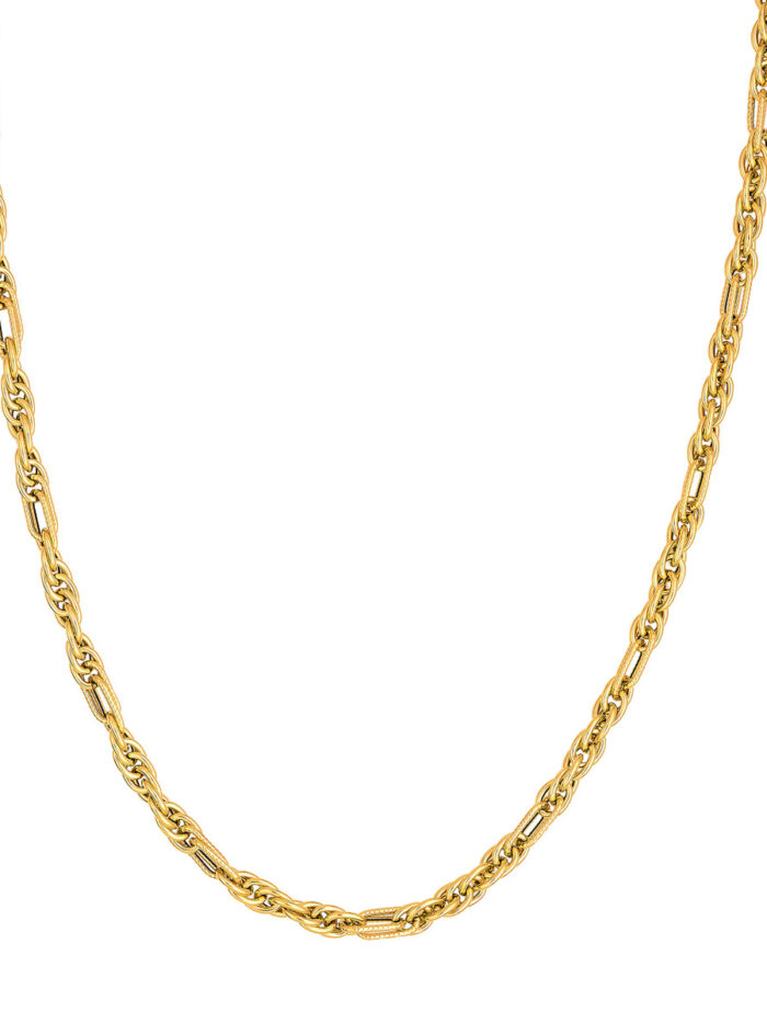 Polished Textured 2+1 Link Chain Necklace - 14K Yellow Gold - 7.5 Inch - by Dazyle