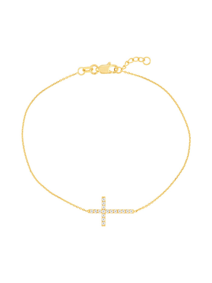 Sideways Cross Bracelet with Diamond Accent - 14K Yellow Gold - 7.5" Adjustable - by Dazyle